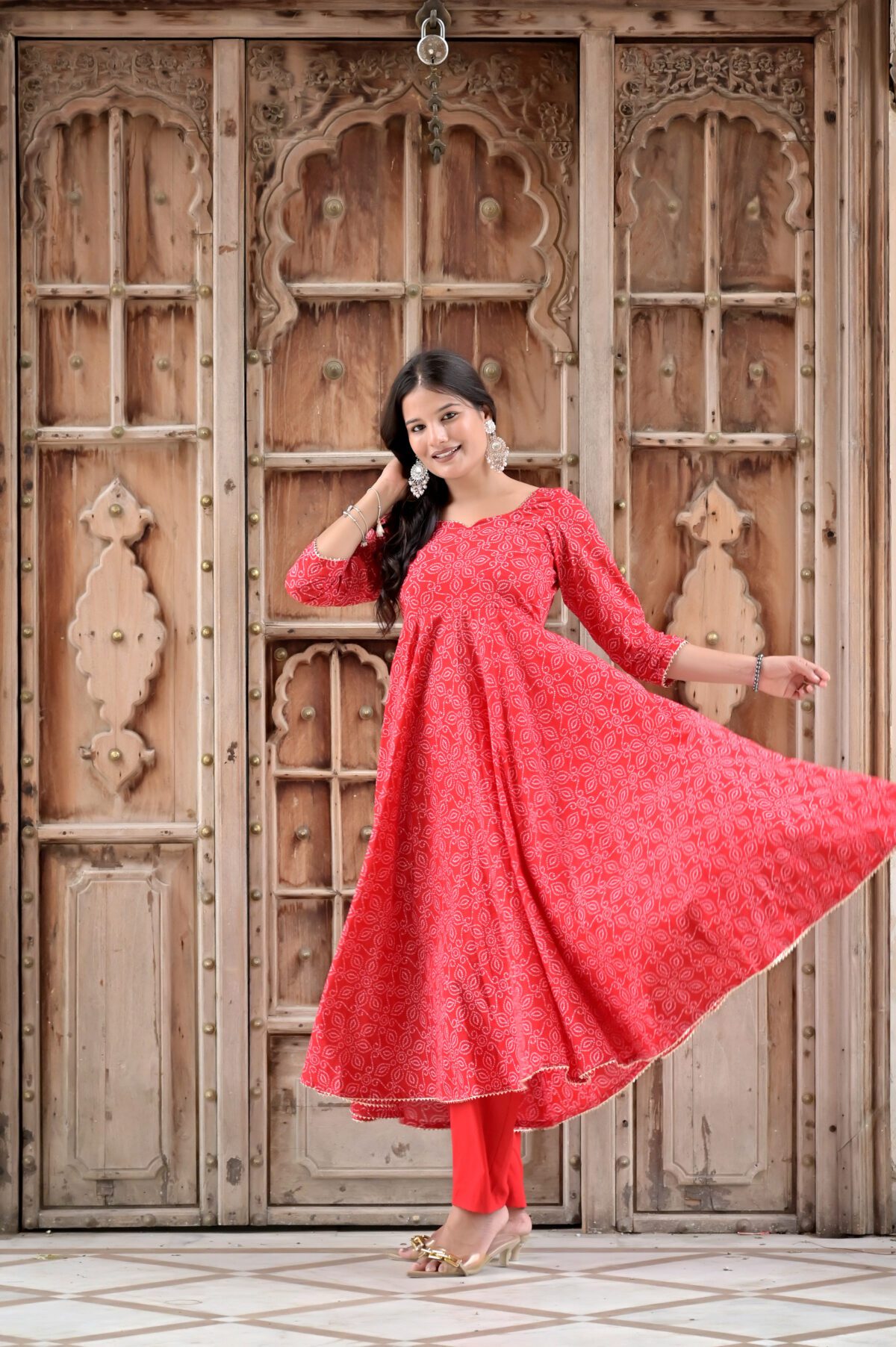 Red Printed Anarkali Suit Set - Image 3