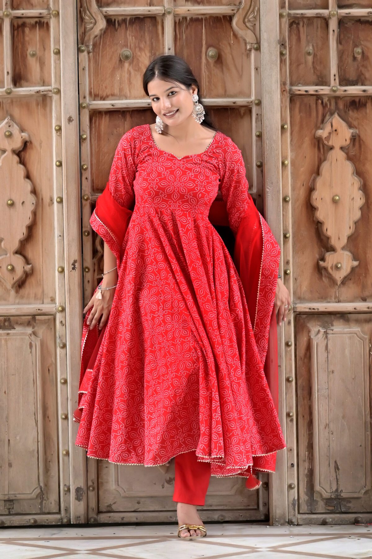 Red Printed Anarkali Suit Set - Image 4