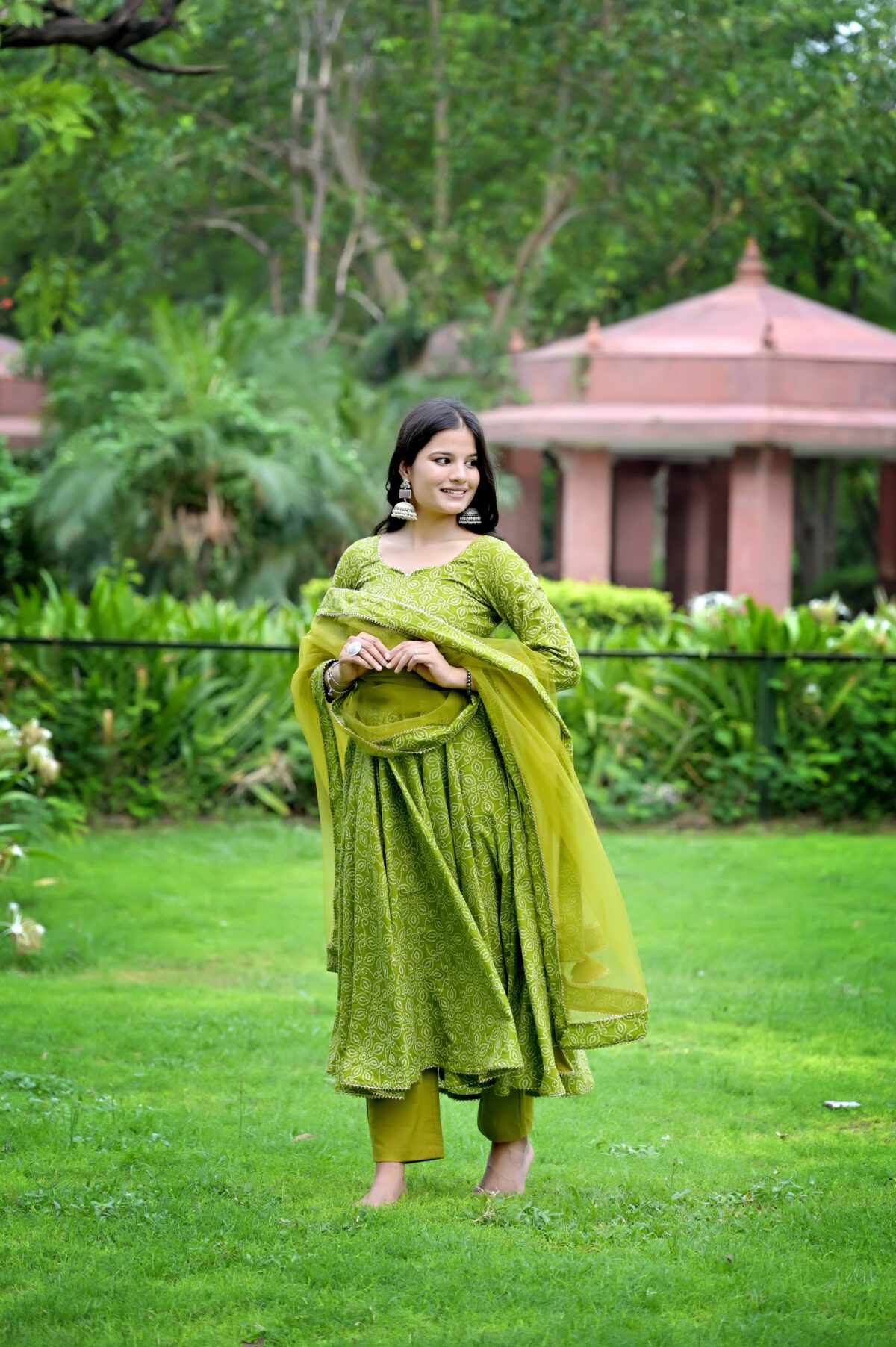 Lime Green Printed Anarkali Set - Image 3