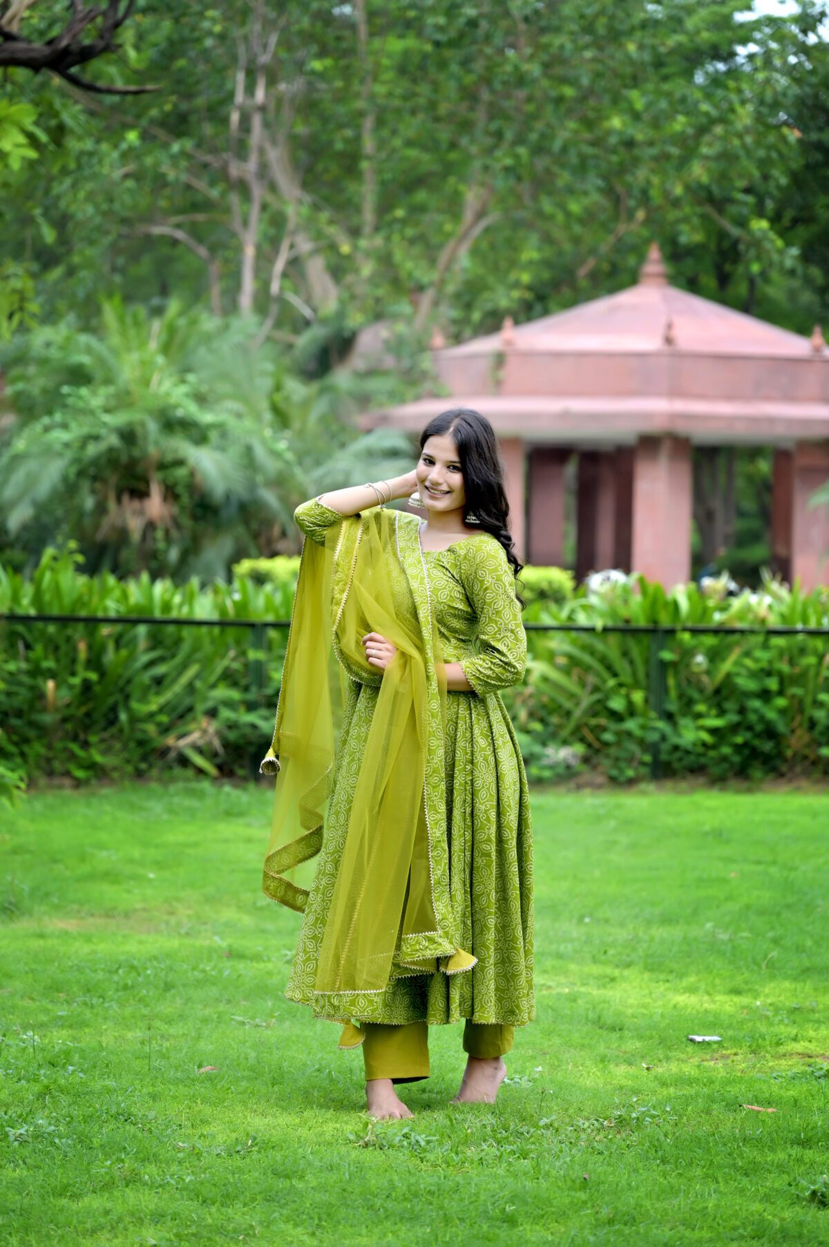 Lime Green Printed Anarkali Set - Image 2