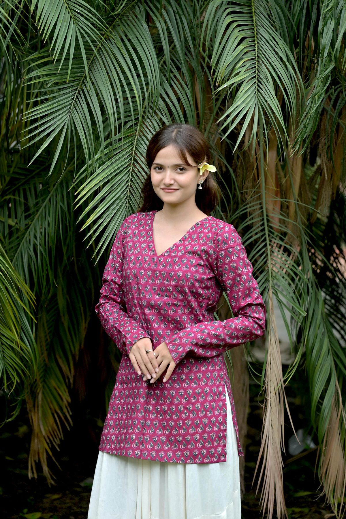 Magenta Floral Printed Short Kurti - Image 3