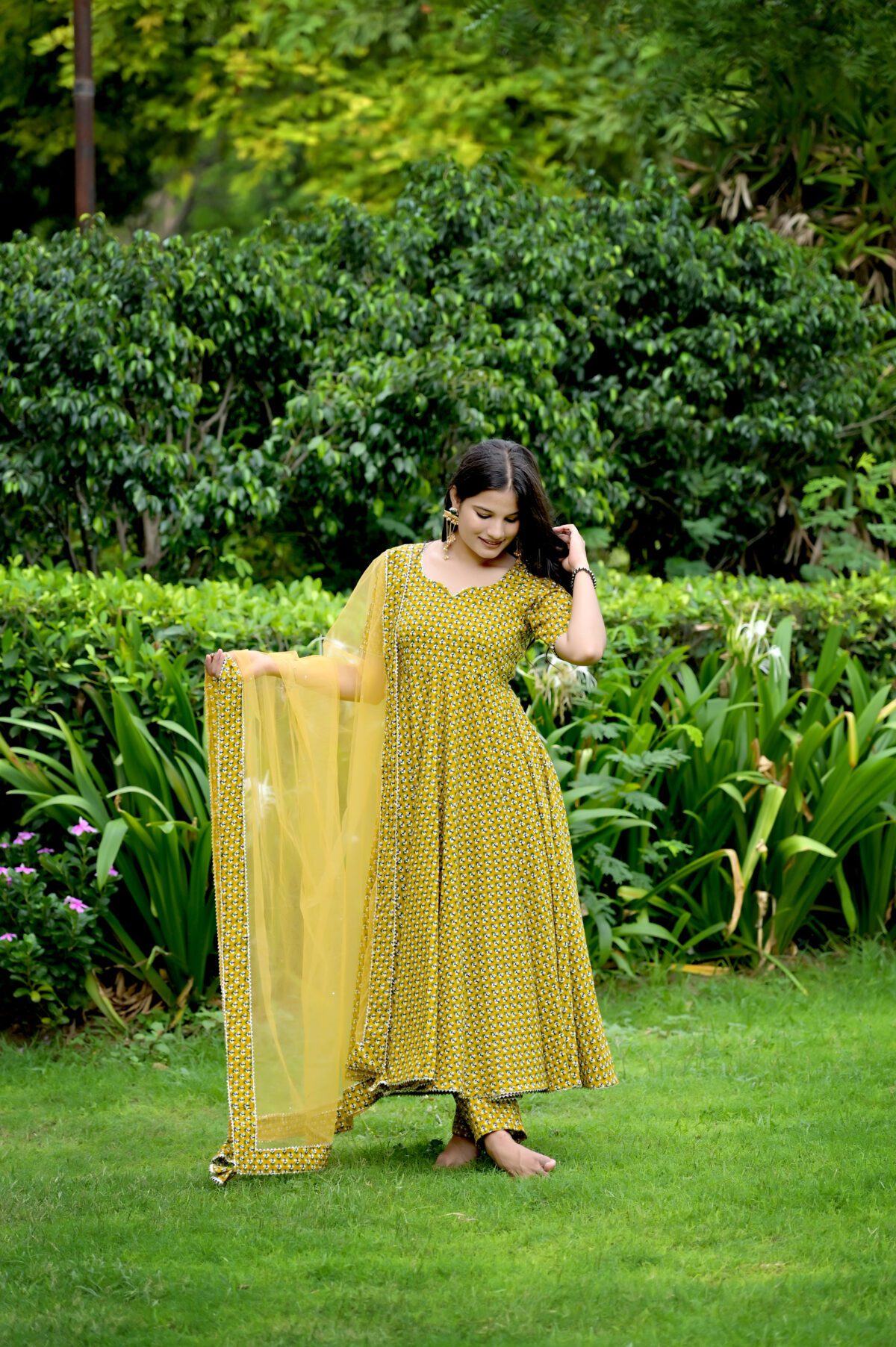 Mustard Yellow Printed Anarkali Set - Image 3
