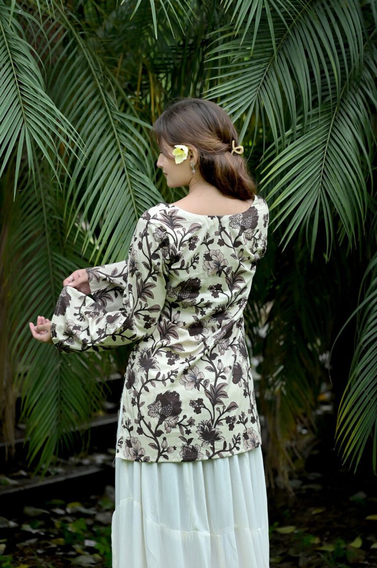 Off-White & Brown Floral Printed Short Kurti