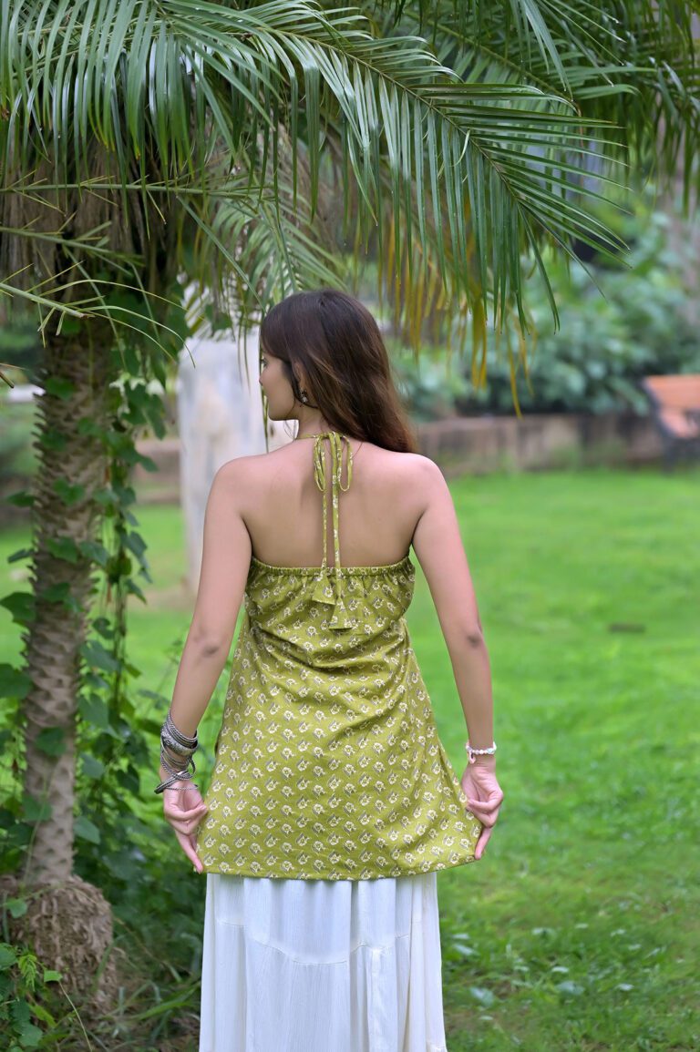 Olive Green Printed Noodle Strap Short Kurti