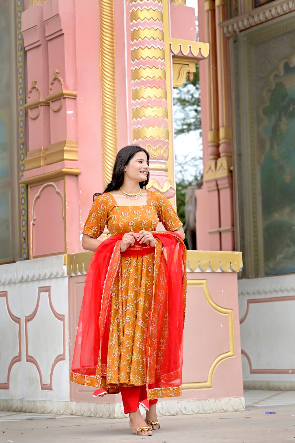 Orange Floral Anarkali Set - Image 3