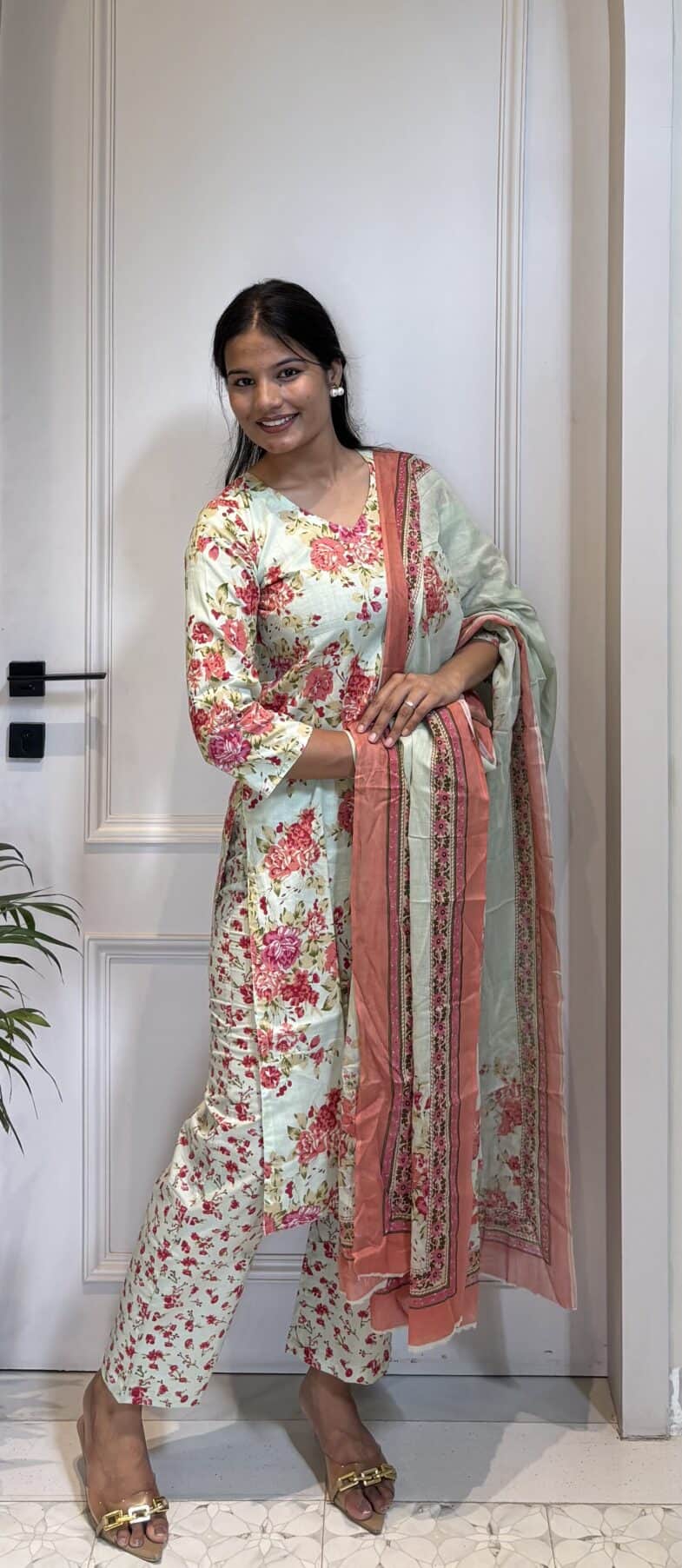 Pastel Green Floral Printed Kurta Set With Dupatta