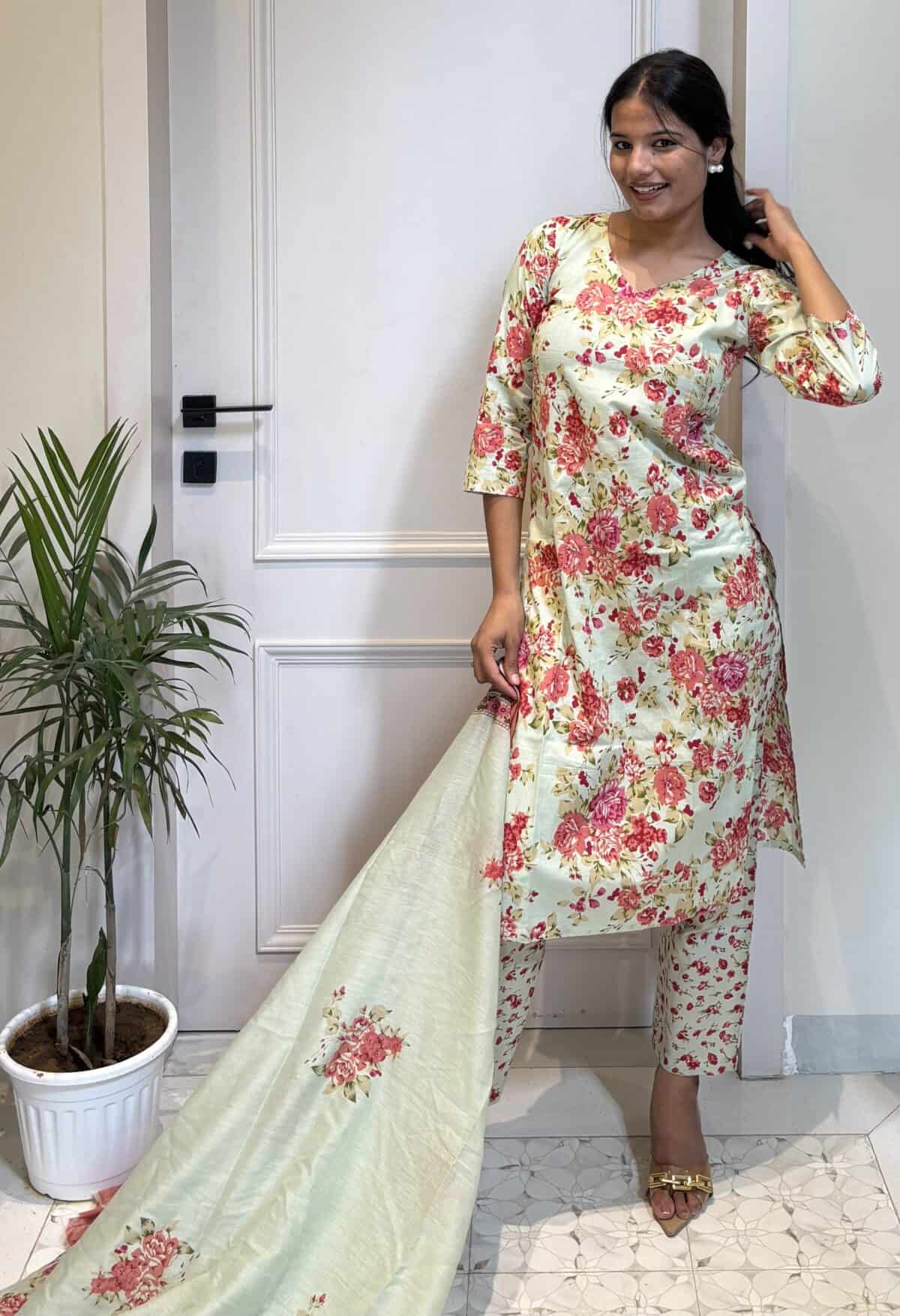 Pastel Green Floral Printed Kurta Set With Dupatta