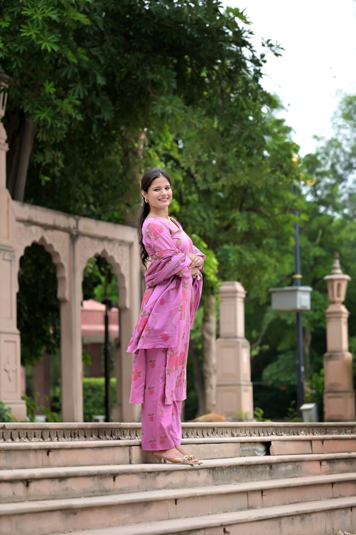Pink Floral Printed Kurta Set With Dupatta - Image 3
