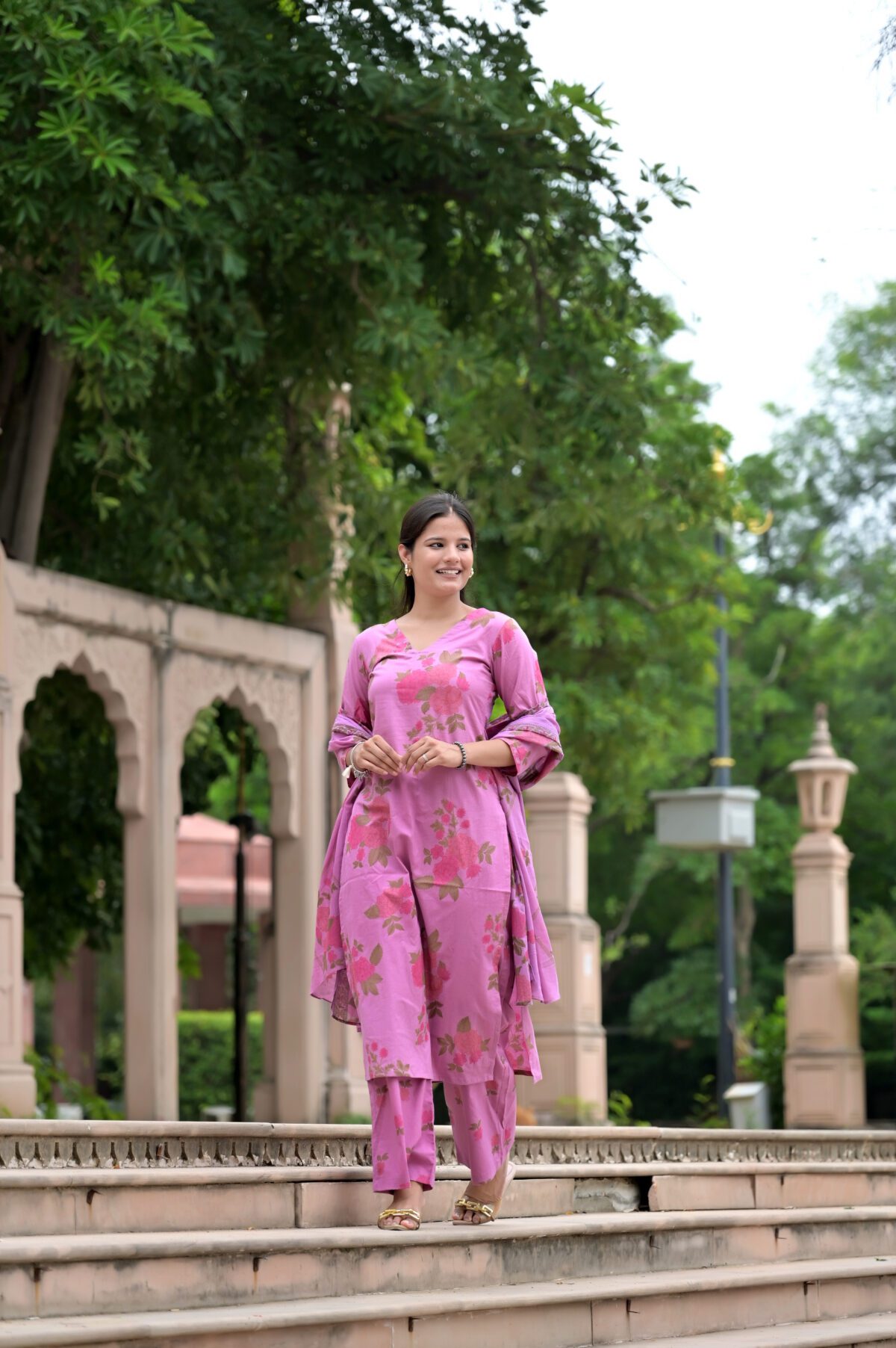 Pink Floral Printed Kurta Set With Dupatta - Image 2