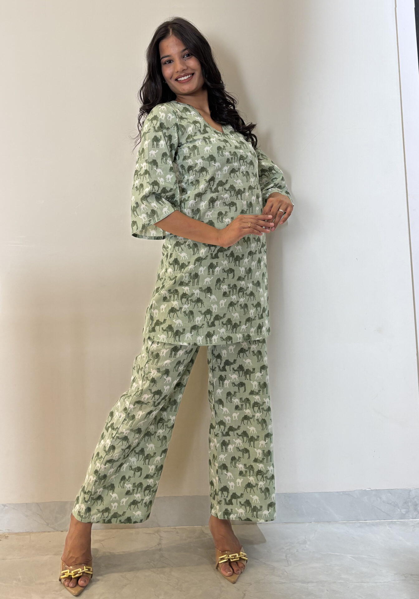 Pista Camel Printed Cotton Co-Ord Set