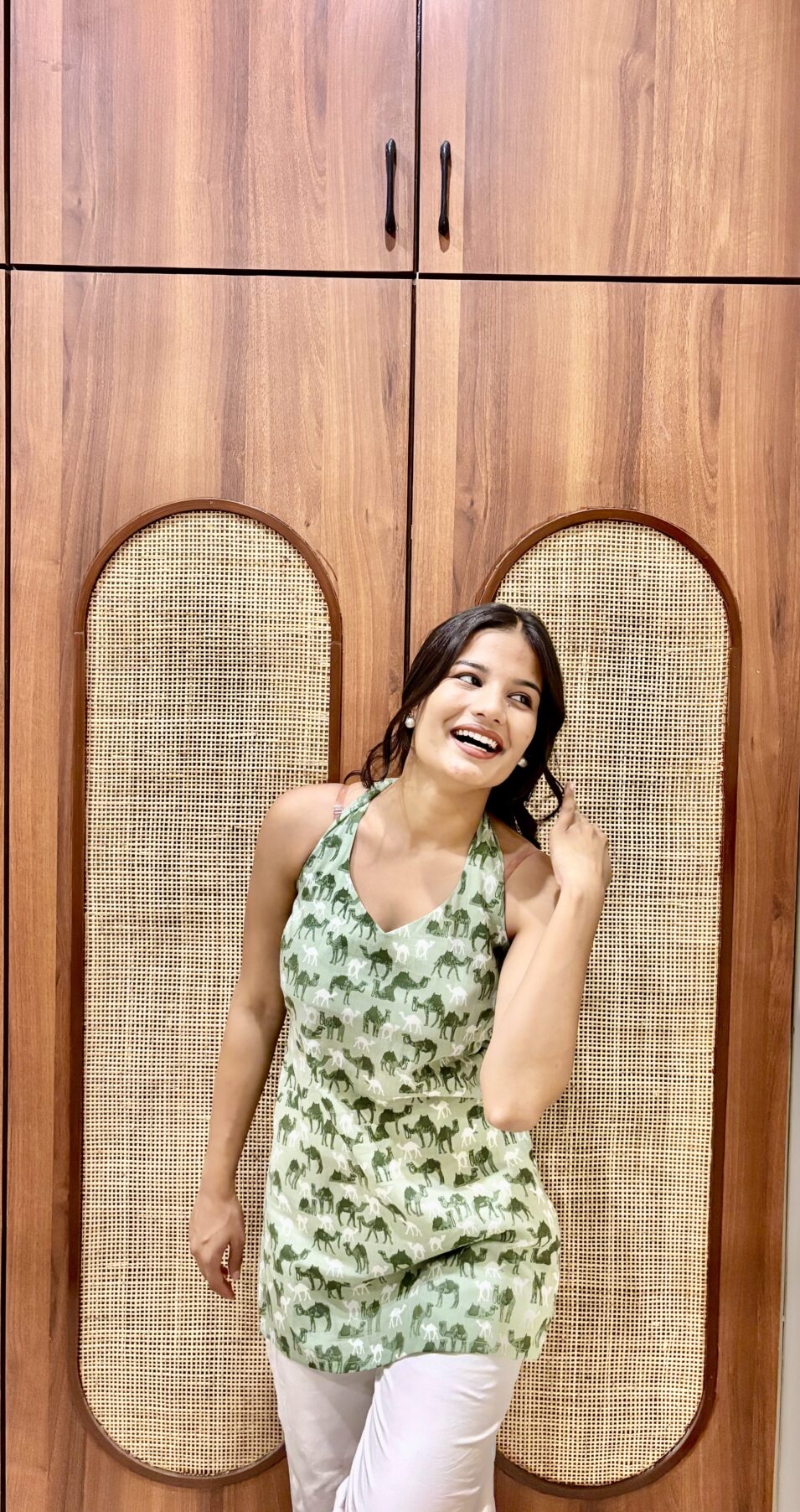 Pista Camel Printed Halter Neck Short Kurti - Image 3