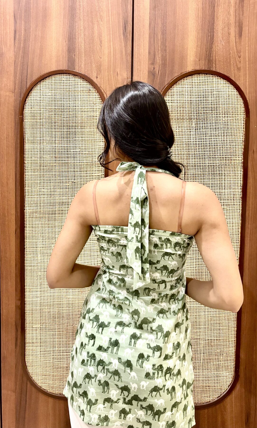 Pista Camel Printed Halter Neck Short Kurti - Image 2