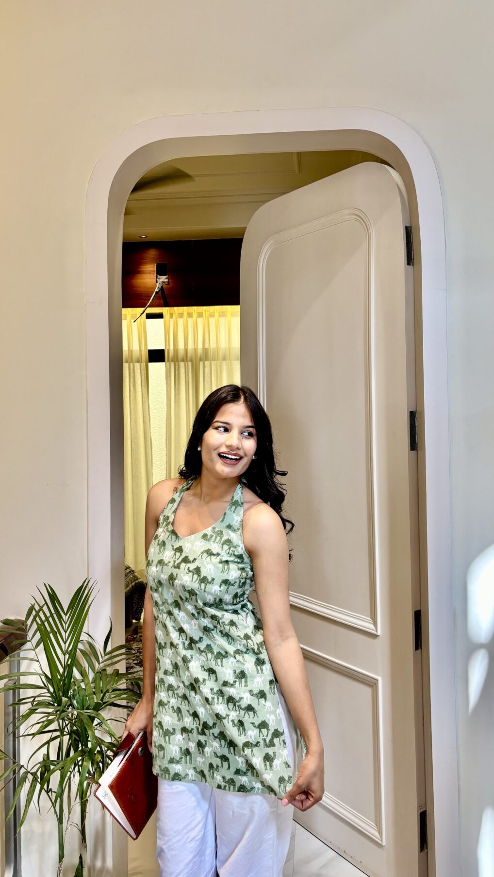 Pista Camel Printed Halter Neck Short Kurti - Image 4