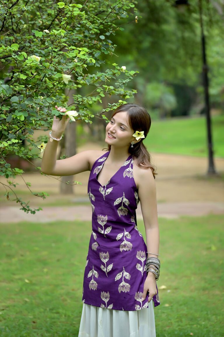 Purple Floral Printed Halter Neck Short Kurti