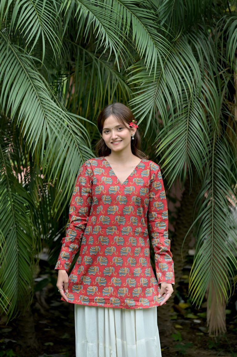 RED ELEPHANT PRINTED SHORT KURTI