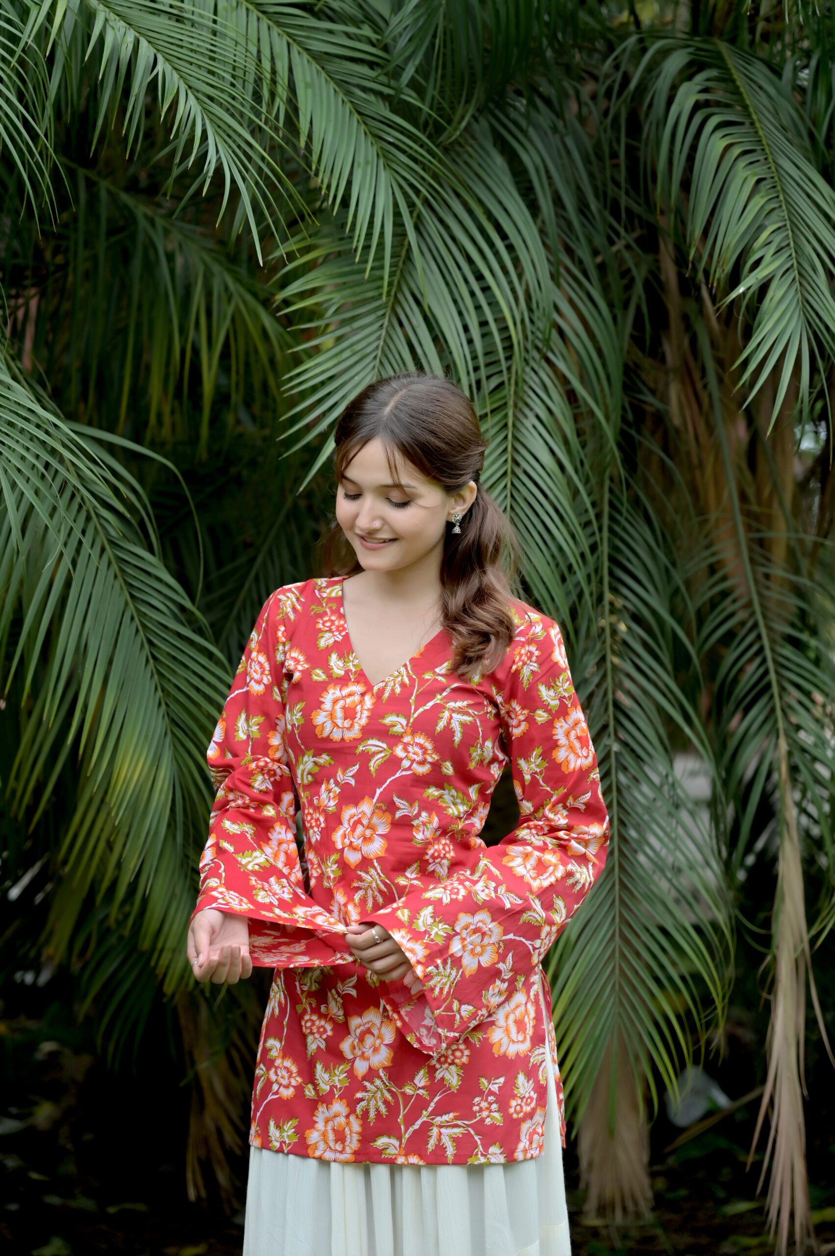 Red Floral Printed Bell Sleeve Short Kurti - Image 2