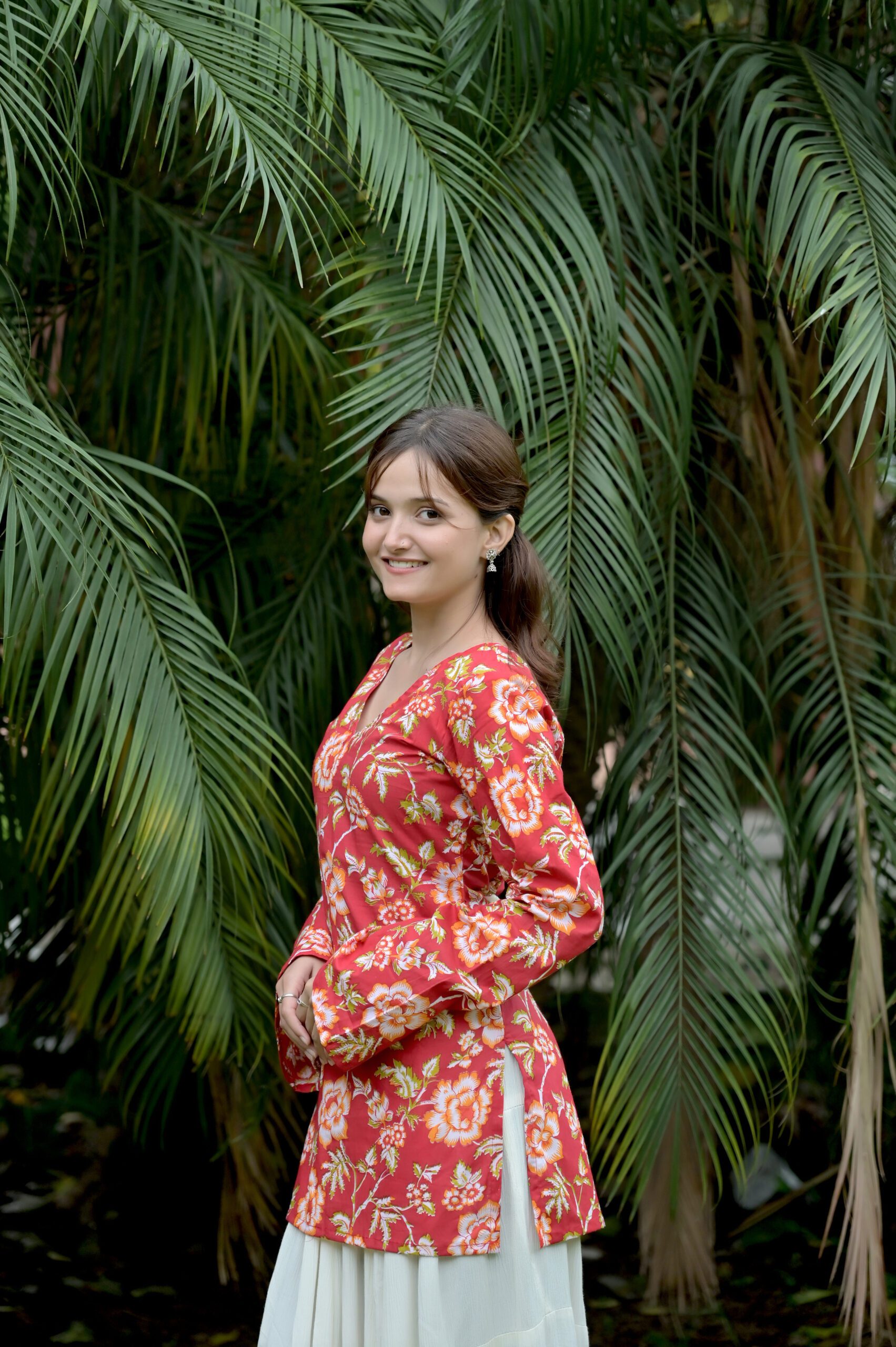 Red Floral Printed Bell Sleeve Short Kurti - Image 5
