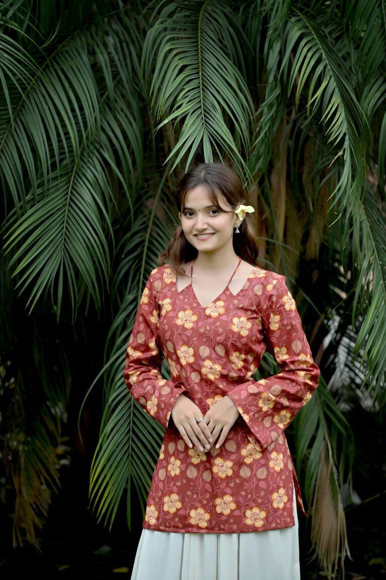 Rust Floral Printed Short Kurti