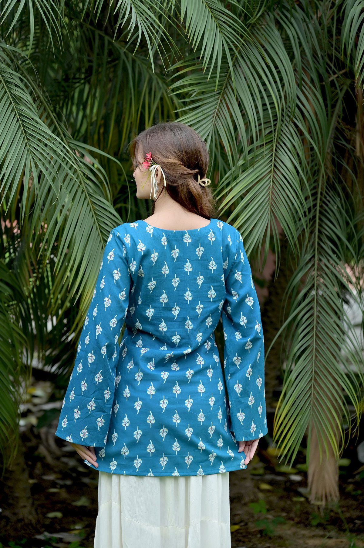 Teal Blue Leaf Printed Short Kurti - Image 2