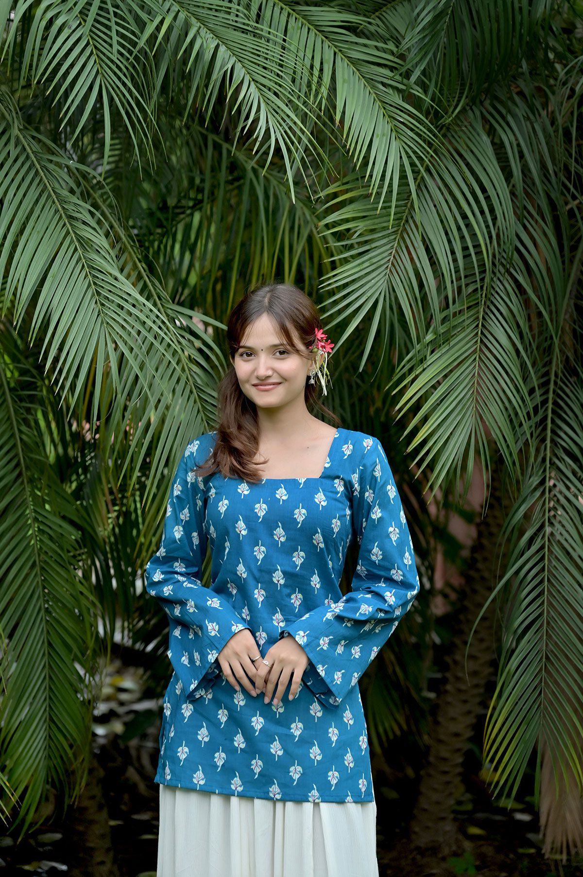 Teal Blue Leaf Printed Short Kurti - Image 3