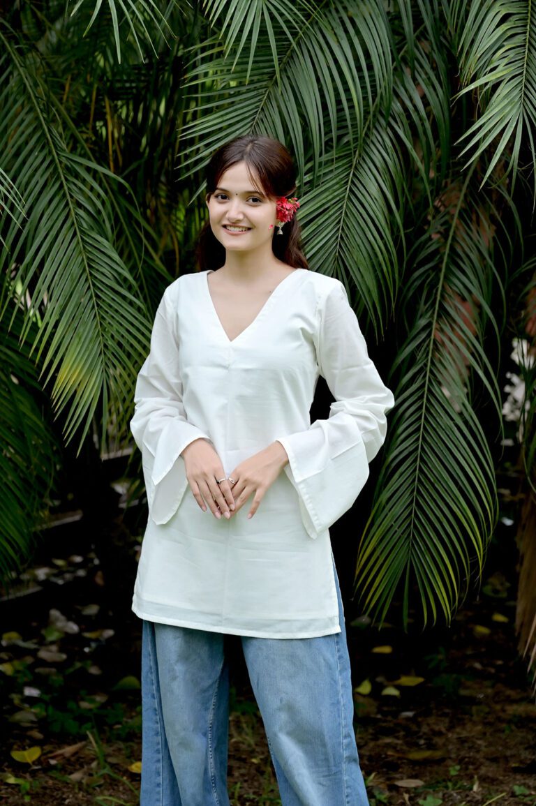 White Solid Bell Sleeve Short Kurti